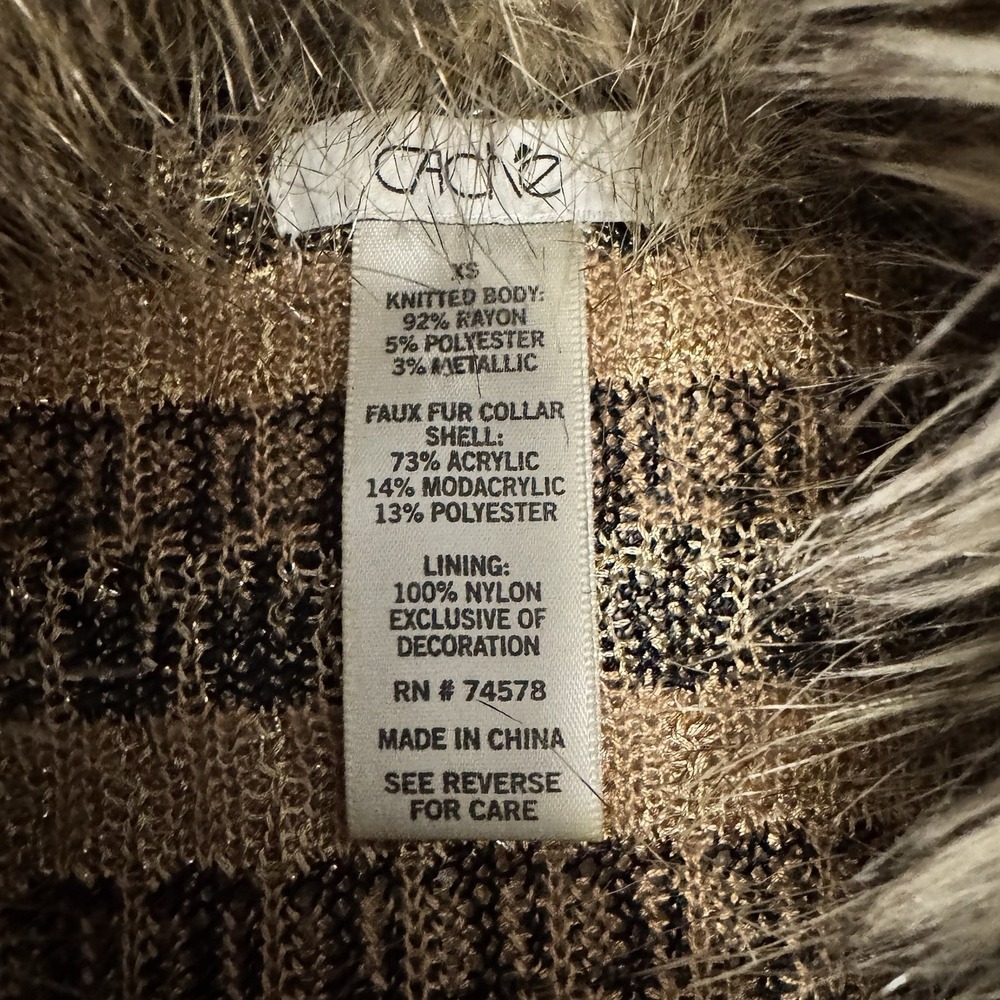 Cache VTG Womens Faux Fur Collar Chevron Cardigan XS Multicolor Glitter Y2K Glam - Picture 6 of 6